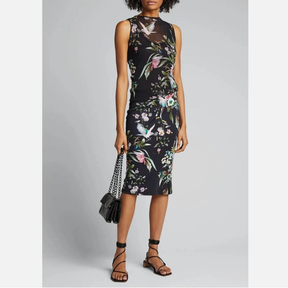 Fuzzi Dress Black Floral Hummingbird Blouson Mesh Stretch, Size M